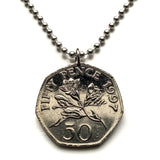 1997 Bailiwick of Guernsey UK 50 Pence coin pendant freesia flowers blossom Saint Peter Port Castle Cornet Fort Grey British n003886