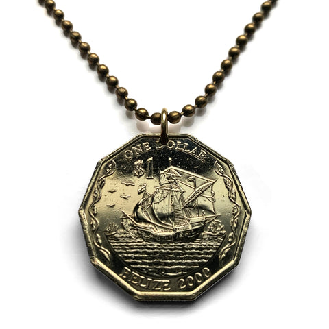 2000 Belize British Honduras 1 Dollar coin pendant carrack Santa Maria caravel Niña Pinta ship Christopher Columbus Belmopan Benque n001400