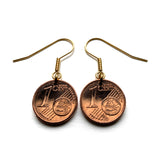 Portugal 1 Euro Cent Portuguese coin dangle & drop earrings jewelry Quinas castles 1134 Afonso Henriques seal Guimarães Lisboa Porto Sintra Braga Faro Vila Nova de Gaia Amadora Aveiro Evora Algarve Praia da Marinha Coimbra Lagoa Mirandese e000662