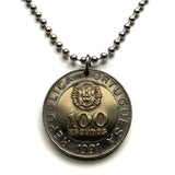 1991 Portugal 100 Escudos coin pendant Portuguese Quinas castles Lisbon Porto Sintra Braga Coimbra Évora Faro Santa Maria de Belém Aveiro Ourique Mirandese Castilian Vila Nova de Gaia Ponta Delgada Guimarães Lagos Fatima Algarve Praia da Marinha n002293