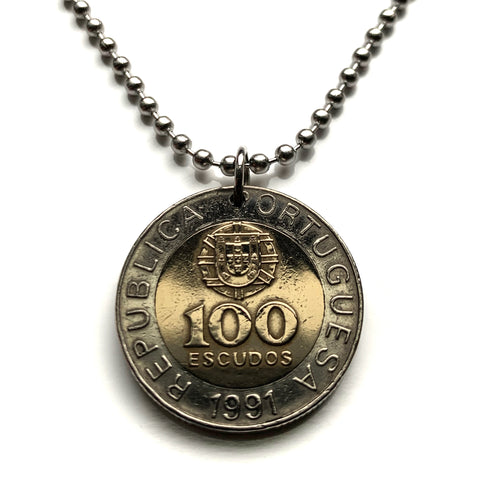 1991 Portugal 100 Escudos coin pendant Portuguese Quinas castles Lisbon Porto Sintra Braga Coimbra Évora Faro Santa Maria de Belém Aveiro Ourique Mirandese Castilian Vila Nova de Gaia Ponta Delgada Guimarães Lagos Fatima Algarve Praia da Marinha n002293