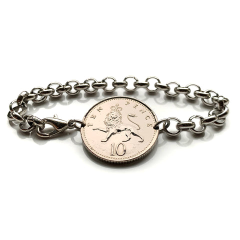 1992 England United Kingdom 10 Pence coin bracelet English lion London Manchester Birmingham Sheffield Liverpool Leeds Newcastle Nottingham Bristol Norwich Bradford Yorkshire Canterbury Kent b000166