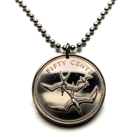 1974 Belize British Honduras 50 Cents coin pendant Three frigatebirds in flight seabird Belmopan Benque Viejo del Carmen San Ignacio Orange Walk San Pedro Corozal Central America Hondo River n003889
