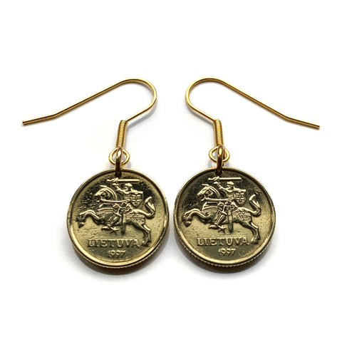 1997 Lithuania Lietuva 10 Centu coin earrings Vytis horse back armored knight medieval Vityaz Vilnius Kaunas Klaipeda Siauliai Marijampole Jonava Utena Curonian Spit Panevezys Pahonia Alytus e000665