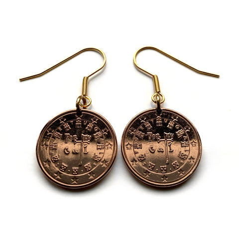 Portugal 5 Euro Cent coin earrings Portuguese Quinas castles 1134 Afonso Henriques seal O Conquistador Reconquista Guimarães Lisboa Porto Braga Sintra Faro Coimbra Évora Lagoa Lagos Vasco da Gama Guimarães Belém Algarve Gaia Mirandese e000666