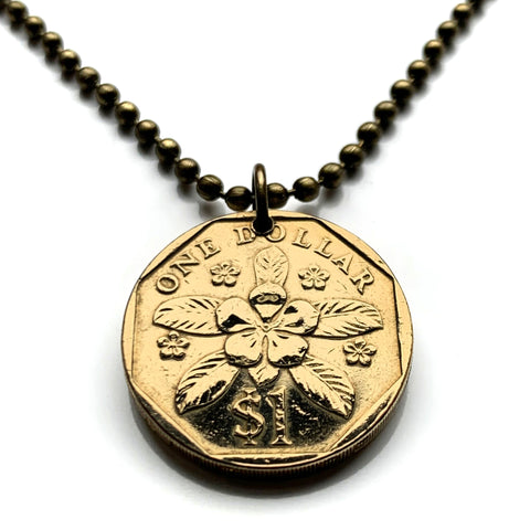 1995 Singapore Singapura 1 Dollar coin pendant Rosy Periwinkle Blossom flower Lion City Bedok Tampines Jurong West Sengkang Woodlands n002728