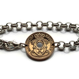 1939 Denmark Danmark Danskere 2 Ore coin rolo link bracelet jewelry World War 2 era Danish Royal crown initial C X Danes Copenhagen Aarhus Odense Aalborg Esbjerg Randers Jutland Zealand Funen Vikings Amalienborg Scandinavia Nordic Norse b000169