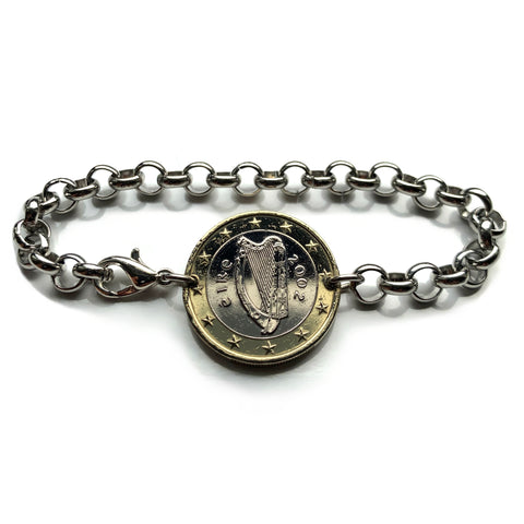 2002 Ireland Éire 1 Euro coin bracelet jewelry Irish Celtic Harp Cláirseach Gaelic Dublin Cork Limerick Galway Waterford Drogheda Dundalk Swords b000171