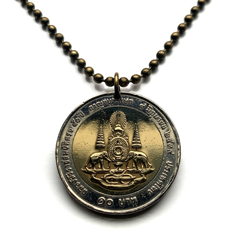 1996 Thailand Siam 10 Baht coin pendant necklace Thai sacred elephants Bangkok Chiang Mai Korat Khon Kaen Hat Yai Udon Thani Chonburi Tai–Kadai Rama IX Pattaya Si Racha Phitsanulok Theravada n000329