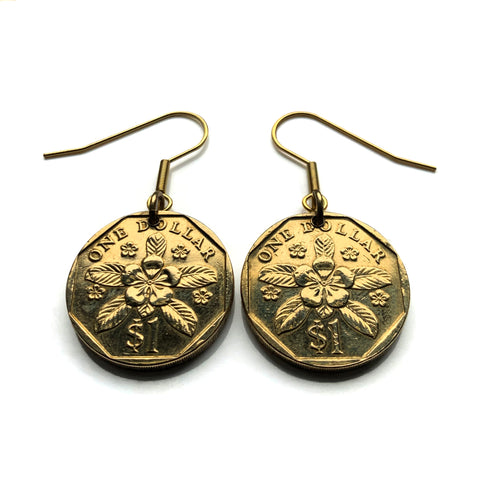 1995 Singapore Singapura 1 Dollar coin dangle & drop earrings jewelry Rosy Periwinkle Blossom flower Lion City Bedok Tampines Jurong West Sengkang Woodlands e000668