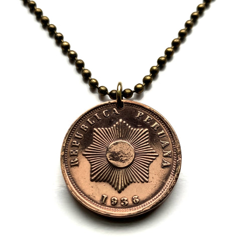 1936 Peru 2 Centavos coin pendant Peruvian sun Lima Ica Puno Cajamarca Pucallpa Piura Ayacucho Chincha Huánuco Tarapoto Callao Nazca n000781