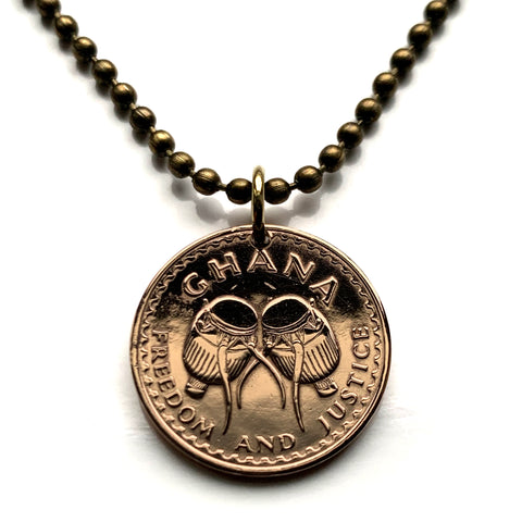 1967 Ghana 1/2 Pesewa coin pendant necklace jewelry Akan Adowa Bush drums Accra Black Star of Africa Kumasi Gold Coast Tamale Takoradi Atsiaman Asante Ashanti Dagomba Volta Mole-Dagbon Cape Coast Osu Wa Ewe Ga West African n000086