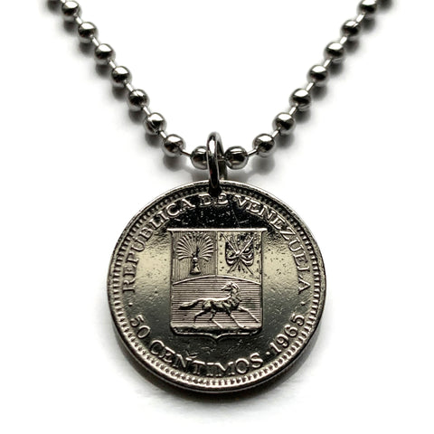 1965 Venezuela 50 Céntimos coin pendant necklace jewelry Simón Bolívar white horse Palomo Caracas Maracaibo Valencia pendant Barquisimeto Ciudad Guayana Maturín Barcelona Maracay Cumaná Barinas Miranda San Cristóbal n000480