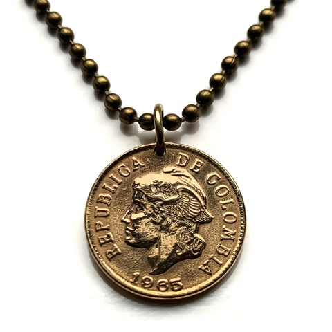 1965 Colombia 2 Centavos coin pendant Libertad Phrygian cap Bogotá Medellín Cali Barranquilla Cartagena Cúcuta Soacha Soledad Bucaramanga Bello Ibagué Manizales Montería Valle del Cauca Antioquia Pereira Caldas Armenia Muisca Chibcha Quimbaya n000517