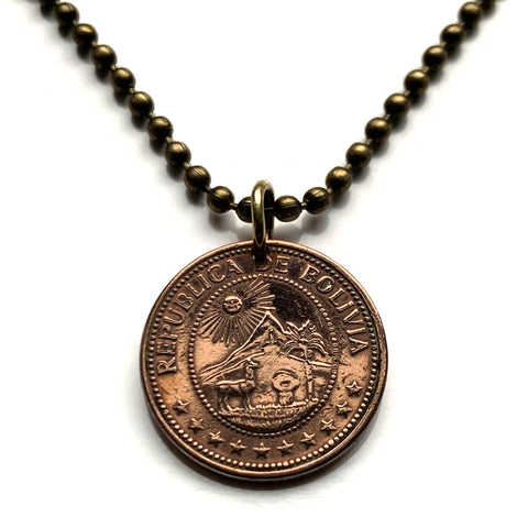1969 Bolivia 10 Centavos coin pendant escudo Boliviano llama alpaca Potosí Cerro Rico Menor La Paz Santa Cruz El Alto Cochabamba Oruro Sucre Tarija Sacaba Quillacollo Montero Trinidad Warnes Aymara Tiwanaku Qullasuyu Wiphala Pando Beni Titicaca n003904