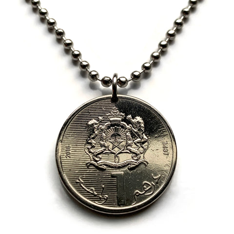 2016 Morocco Maroc 1 Dirham coin pendant Moroccan lions pentagram star Casablanca Rabat Marrakesh Fez Chefchaouen Tangier Maghrebi Arabic Derdja Berbers Moors African Barbary Hassaniya n003916