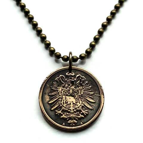 1874 Germany Deutschland 2 Pfennig coin pendant necklace jewelry German eagle Berlin Munich Cologne Frankfurt Hamburg Stuttgart Bavaria Düsseldorf Leipzig Dortmund Bremen Dresden Hanover Rothenburg Nuremberg n000943