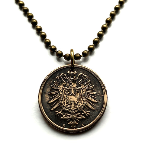 1874 Germany Deutschland 2 Pfennig coin pendant necklace jewelry German eagle Berlin Munich Cologne Frankfurt Hamburg Stuttgart Bavaria Düsseldorf Leipzig Dortmund Bremen Dresden Hanover Rothenburg Nuremberg n000943