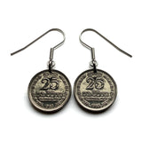 1963 Ceylon Sri Lanka 25 Cent coin earrings golden lion kastane sword Blue Lotus Sinha flag Sinhalese Colombo Kaduwela Maharagama Kesbewa Dehiwala Lavinia Moratuwa Negombo Kotte Kalmunai Kandy Galle Buddhism Sigiriya Lion Rock fortress e000671