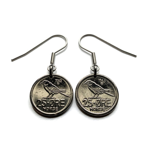 Norway Norge 25 Ore coin earrings Norwegian jewelry Siberian tit passerine bird Oslo Bergen Stavanger Sandnes Alesund Nynorsk Bokmal Trondheim Drammen Fredrikstad Sarpsborg Porsgrunn Skien Kristiansand Vikings Scandinavian Nordic Old Norse e000674