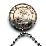 1941 Liberia 2 Cents coin pendant necklace jewelry West African elephant safari World War 2 era WWII Monrovia Gbarnga Buchanan Ganta Kakata Zwedru Harbel Montserrado Nimba Kpelle Bassa people Bong Lofa Harper Pleebo Foya Klao n000867