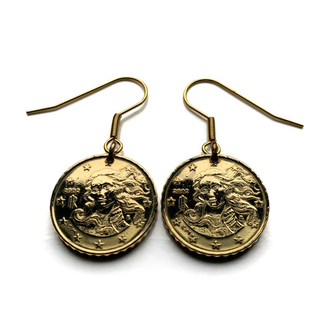Italy 10 Euro Cent coin earrings Birth of Venus Italian renaissance painting Sandro Botticelli  Uffizi Gallery Simonetta Vespucci Florence Tuscany Ponte Vecchio Medici Siena San Gimignano Rome Milan Venice Napoli Verona Perugia Modena Madonna e000050