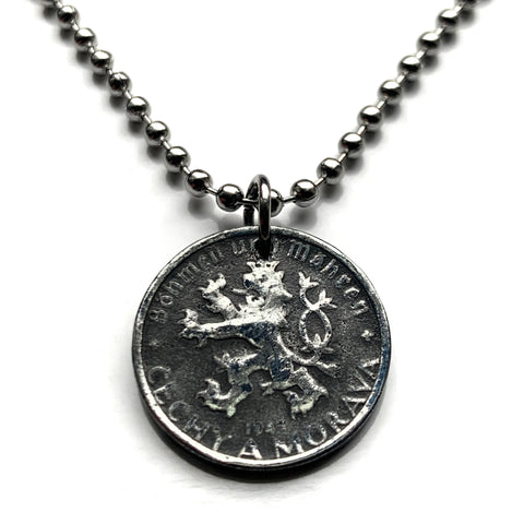 1942 Czechoslovakia Bohemia & Moravia 20 Haleru coin pendant World War 2 era Nazi German occupation Czech lion Prague Slovakia Bratislava Charles Bridge Brno Cesky Krumlov KutnÃ¡ Hora Liberec Silesia n001260
