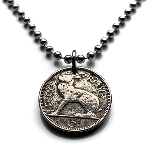 1953 Ireland Éire 3 Pence coin pendant necklace Irish rabbit hare cute bunny Gaelic harp Cláirseach Dublin Cork Limerick Waterford Ulster Carlow Hibernia Galway Munster Guinness St Patrick's n000121