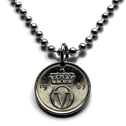 1987 Norway Norge 10 Ore coin pendant Norwegian crown initial O Oslo Bergen Stavanger Sandnes Trondheim Drammen Bokmal Nynorsk Norsk n002075