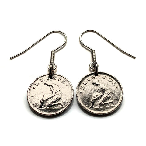 1923 Belgium 50 Centimes coin earrings Belgian lady Brussels Antwerp Bruges Ghent Liège Mons Kortrijk Ostend Ypres Dinant Limbourg Bilstain Wallonia Namur Charleroi Schaerbeek Leuven Mechelen e000677