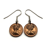 1971 England United Kingdom Great Britain 1/2 New Penny coin earrings jewelry Henry VII English crown House of Tudor London Manchester Birmingham Leeds Sheffield Yorkshire Liverpool Southampton Nottingham Newcastle Coventry Bristol Leicester e000379