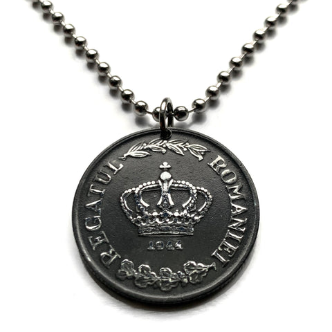 1944 Romania 20 Lei coin pendant necklace World War 2 era Romanian crown Bucharest Iasi Cluj-Napoca Timisoara Constanța Galati Wallachia Moldavia Transylvania Bran Castle Dracula's Castle Brasov Sibiu Craiova Dobrogea Peles Roman Dacia Vlachs n002839