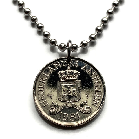 1981 Netherlands Antilles Curacao Aruba Sint Maarten Bonaire Saba Sint Eustatius 25 Ct coin pendant Dutch Caribbean Island Willemstad Oranjestad Leeward Lesser Antilles Papiamentu Pais Kòrsou Jan Thiel Cas Abou beach Kralendijk Philipsburg Bottom n002316