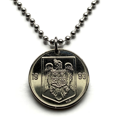 1993 Romania 10 Lei coin pendant golden eagle Bucharest Cluj-Napoca Iasi Moldavia Wallachia Constanța Timisoara Brasov Craiova Galati Oradea Constanta Ploiesti Braila Sibiu Transylvania Michael the Brave Vlad Dracula Impaler Vlachs Poenari castle n002731