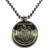 1993 Romania 10 Lei coin pendant golden eagle Bucharest Cluj-Napoca Iasi Moldavia Wallachia Constanța Timisoara Brasov Craiova Galati Oradea Constanta Ploiesti Braila Sibiu Transylvania Michael the Brave Vlad Dracula Impaler Vlachs Poenari castle n002731