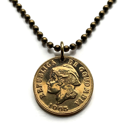 1965 Colombia 2 Centavos coin pendant Libertad Phrygian cap Bogotá Medellín Cali Barranquilla Cartagena Cúcuta Soacha Soledad Bucaramanga Bello Ibagué Manizales Montería Valle del Cauca Antioquia Pereira Caldas Armenia Muisca Chibcha Quimbaya n000517