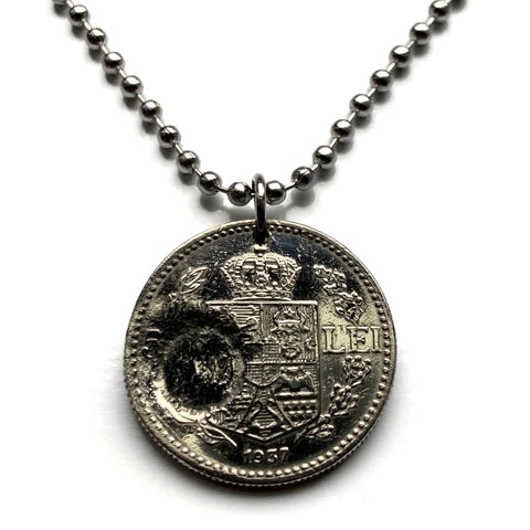 1937 Romania 50 Lei coin pendant royal shield golden eagle Bucharest Wallachia Moldavia Bukovina Sibiu Iasi Craiova Brasov Galati n003572
