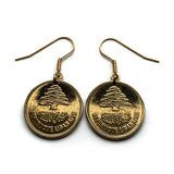 1952 Lebanon Liban 25 Piastres coin earrings Lebanese cedar tree Beirut Tripoli Zahlé Sidon Byblos Bsharri Tyre Aley Nabatieh Jounieh Anjar Zaarour Chekka Qadisha Kadisha Levantine Rashaya Batroun Raouché e000181