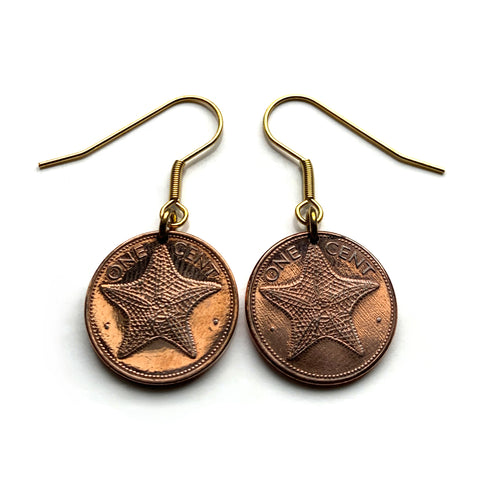 Bahamas 1 Cent coin dangle earrings Bahamian starfish cushion sea star beach Nassau Lucayan Freeport Andros Exuma Rose Island Rum Cay e000682