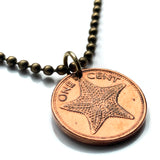 1997 Bahamas 1 Cent coin pendant  Bahamian starfish sea star Nassau Andros Exuma Junkanoo Rose Island Lighthouse Beach Rum Cay sand sea Paradise Island caribbean Junkanoo music Cabbage Beach Bay Street New Providence Eleuthera Gold Rock Beach n001410