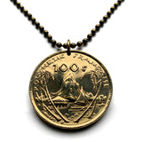 2014 French Polynesia Tahiti 100 Francs coin pendant Morea Harbour Cook's Bay Huahine South Pacific Maori tiki Papeete Maohis South Pacific Polynesian islands Windward Islands Society Islands Bora Bora Tahitian Austronesian Hei-tiki Māori legend n002929