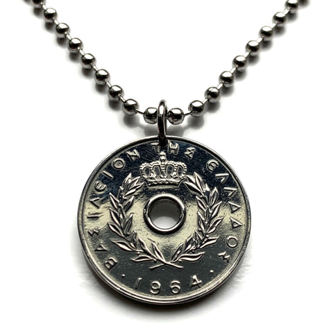 1964 Greece Hellas 10 Lepta coin pendant necklace Hellenic jewelry Greek crown Athens Sparta Thessaloniki Patras Larissa Mykonos Argos Crete Meteora Thebes Halkidiki Macedonia Peloponnese n002654