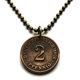 1874 Germany Deutschland 2 Pfennig coin pendant necklace jewelry German eagle Berlin Munich Cologne Frankfurt Hamburg Stuttgart Bavaria Düsseldorf Leipzig Dortmund Bremen Dresden Hanover Rothenburg Nuremberg n000943