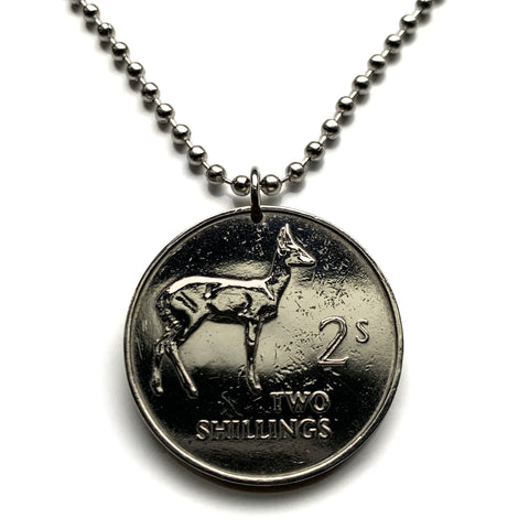 1966 Zambia 2 Shillings coin pendant African Bohor Reedbuck antelope Kenneth Kaunda Lusaka Bemba Kasama Solwezi Mansa Tonga Bantu n003913