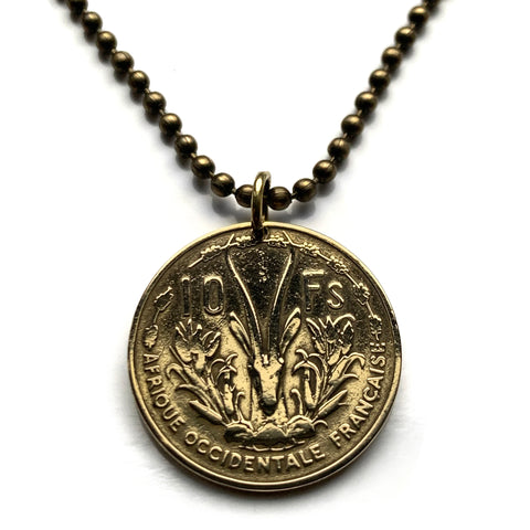 1956 French West Africa 10 Francs coin pendant African jewelry gazelle antelope Senegal Ivory Coast Burkina Faso Togo Niger French Sudan	Mali Benin Mauritania Conakry French Sudan Guinea Togoland Upper Volta Dahomey Marianne Dakar Bamako n000271