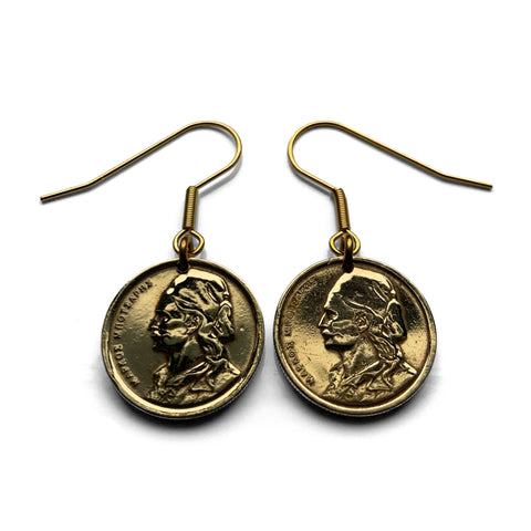 1976 Greece Hellas 50 Lepta coin drop dangle earrings Klepht Markos Botsaris Souliot general Greek War of Independence national hero Ottoman War Hellenic Athens Sparta Thessaloniki Patras Larissa Crete e000685