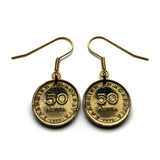1976 Greece Hellas 50 Lepta coin drop dangle earrings Klepht Markos Botsaris Souliot general Greek War of Independence national hero Ottoman War Hellenic Athens Sparta Thessaloniki Patras Larissa Crete e000685