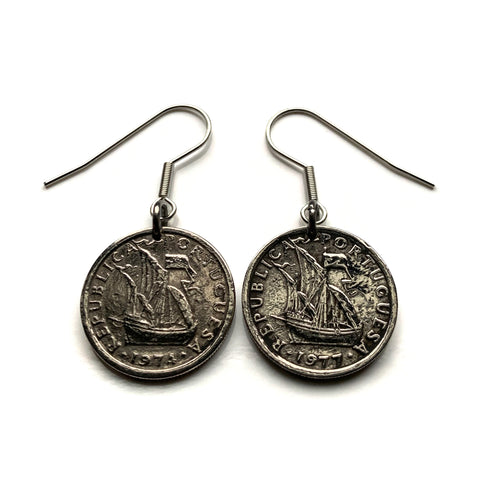 Portugal 2-1/2 Escudos coin earrings Portuguese caravela ship Quinas Lisbon Porto Braga Sintra Faro Coimbra Funchal Aveiro Guimarães Ponta Delgada Belém Ourique Mirandese Lagos Fatima e000088_B