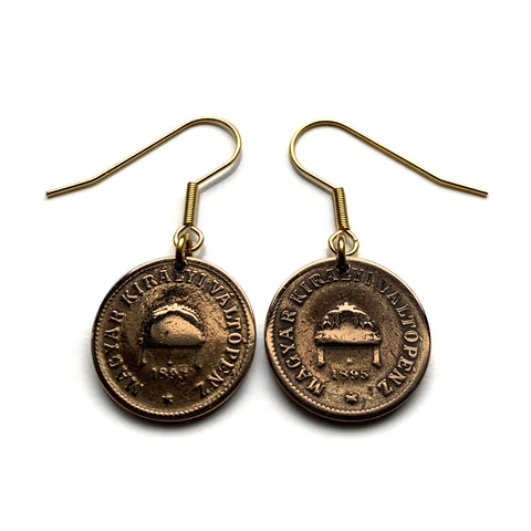 late 1800's Hungary Magyars 2 Filler coin dangle earrings jewelry Hungarian Holy Crown of Saint Stephen Szent Korona Budapest Debrecen Szeged Miskolc Pécs Győr Gellért Hill Nyíregyháza Jászság Fejér Hajdú-Bihar e000129