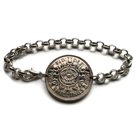 1967 England United Kingdom Great Britain 2 Shillings coin bracelet English tudor rose Scottish thistle Scotland Irish shamrock Northern Ireland Welsh leek Wales Wars of the Roses London Edinburgh Belfast Cardiff Manchester Sheffield Liverpool b000176